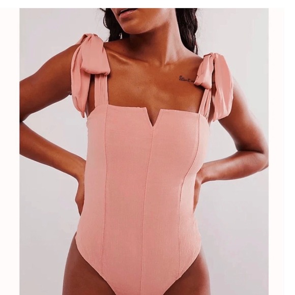 Free People Tops - Free People Bodysuit Women‎ XS Pink Mauve Tie Shoulder Corset Boho Chic